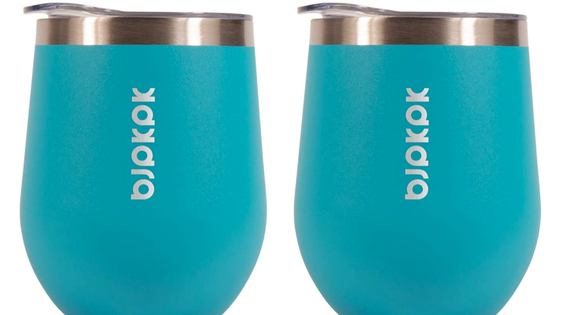 2-pack 12-oz insulated wine tumblers with lids in blue for $3 each