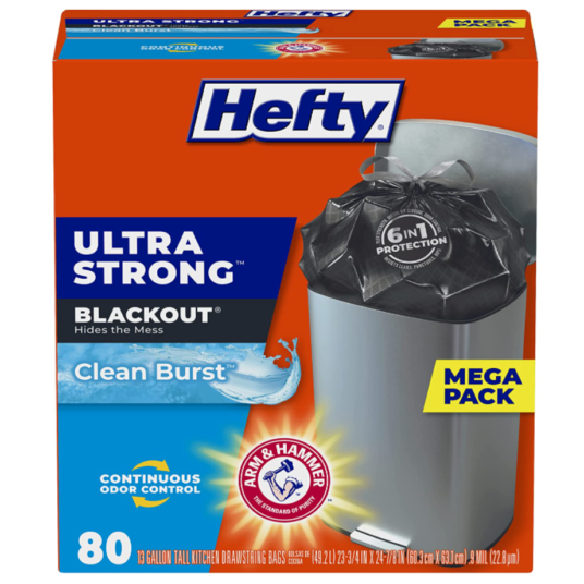 80-count Hefty Ultra Strong 13-gallon tall kitchen trash bags for $10