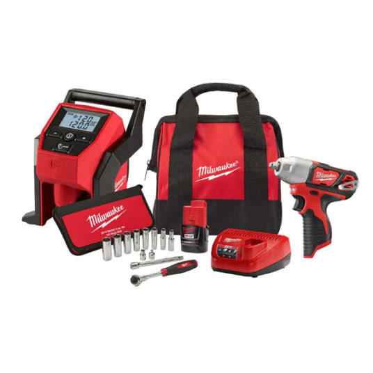Milwaukee M12 12V lithium-ion cordless impact wrench and inflator combo kit for $149