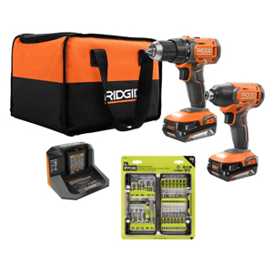 Ridgid 18V cordless 2-tool combo kit with batteries, charger, bag & 70-piece driving kit for $89