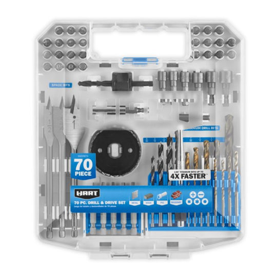 Hart 70-piece drill and drive bit set with protective storage case for $15