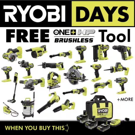 Buy one, get one FREE Ryobi tools at The Home Depot
