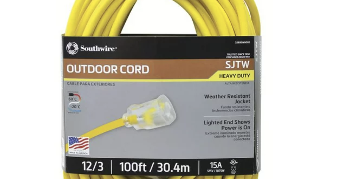 Southwire 100-foot 15-amp heavy duty extension cord for $49