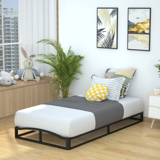 Twin Amazon Basics 6″ platform bed frame with wood slat support for $25
