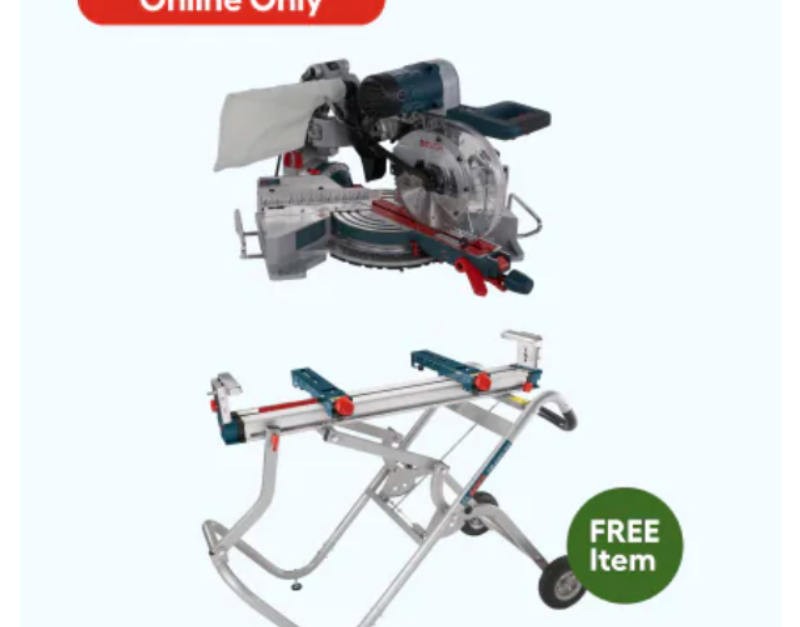 Today only: Buy a Bosch compound miter saw and get an adjustable saw stand for FREE