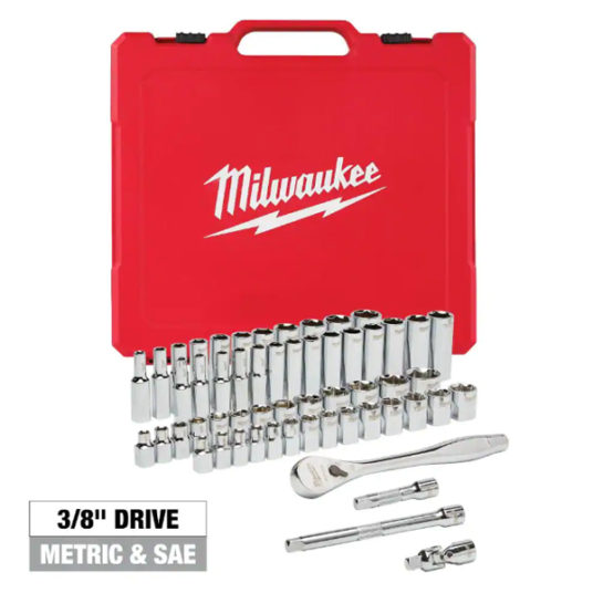 Milwaukee 3/8 in. drive SAE/Metric ratchet & socket 56-piece mechanics tool set for $99