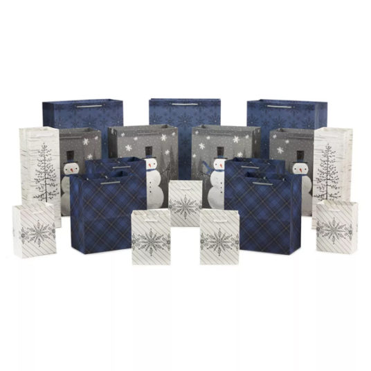 Hallmark assorted 18-count blue and silver Christmas gift bags for $15