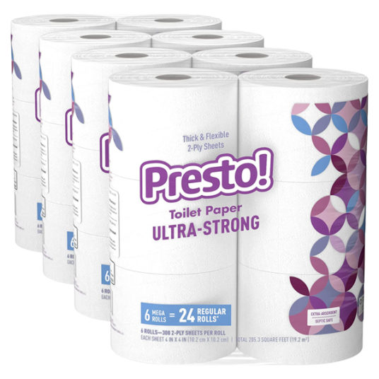 Amazon Brand Presto! 24-count Mega Roll ultra-strong toilet paper for $15