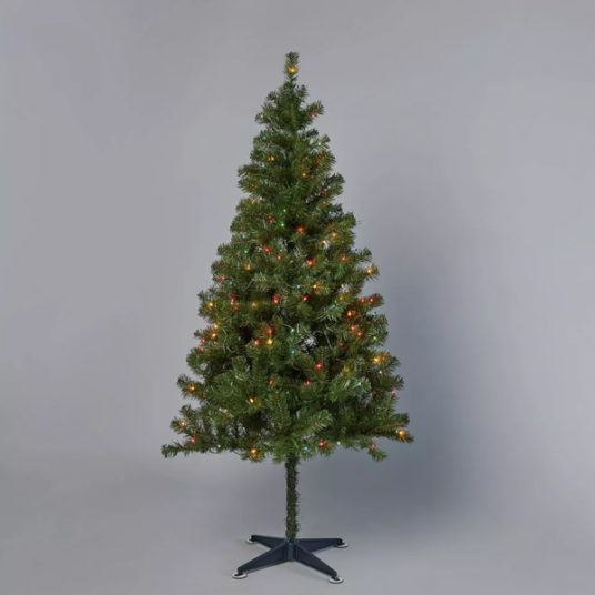 6′ pre-lit Alberta Spruce artificial Christmas tree with multicolor lights for $30