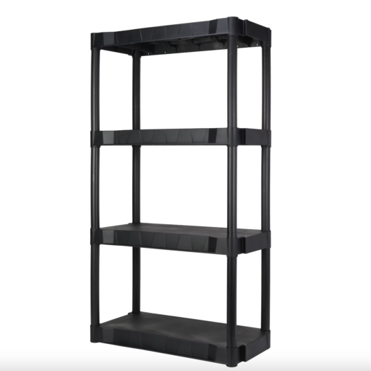 Hyper Tough 4-shelf plastic garage shelves for $28