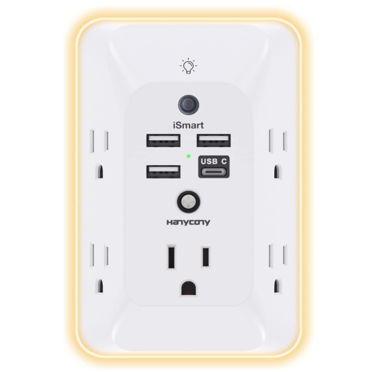 5-outlet 4-USB surge protector, outlet extender and night light for $13