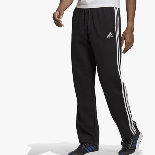Adidas Essentials men’s fleece open hem 3-stripe pants for $15