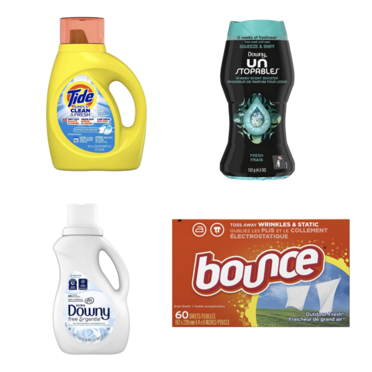 Get 4 Tide, Downy or Bounce laundry products for $2 each