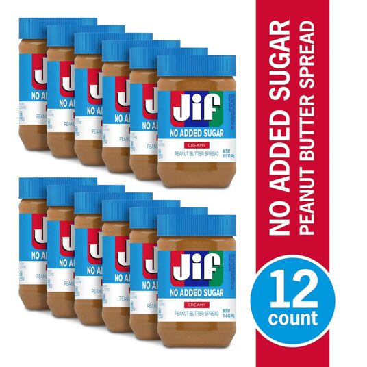 12-count Jif no sugar added creamy peanut butter for $23