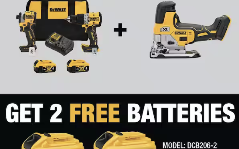Get 2 FREE batteries with select Dewalt tool bundle purchase