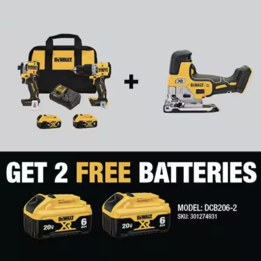 Get 2 FREE batteries with select Dewalt tool bundle purchase