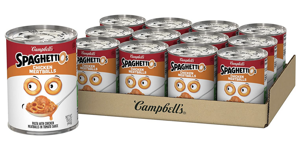 12-pack SpaghettiOs canned pasta with chicken meatballs for $12