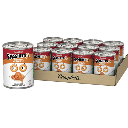 12-pack SpaghettiOs canned pasta with chicken meatballs for $12