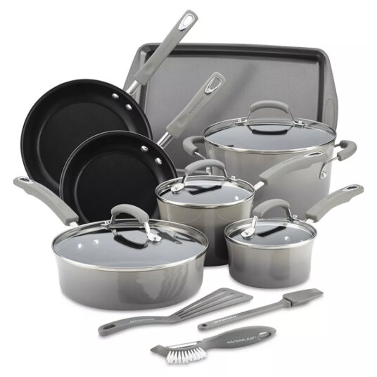 Rachael Ray Classic Brights 14-piece hard enamel cookware set for $90