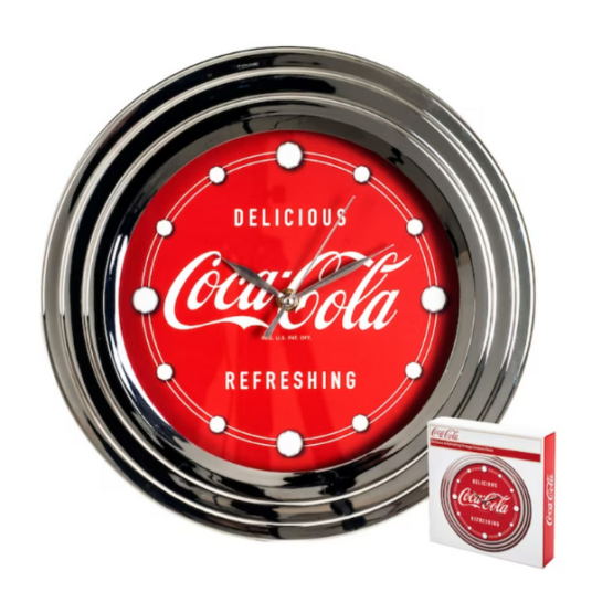 Coca-Cola 12-inch clock with chrome finish for $9