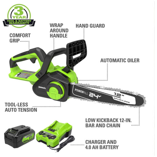 Greenworks 24V 12″ brushless cordless compact chainsaw for $102