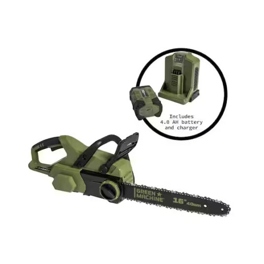 Green Machine 62V brushless 16-inch chain saw with battery for $73