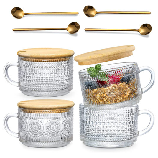 4-piece set of vintage style glass mugs with lids & spoons for $20