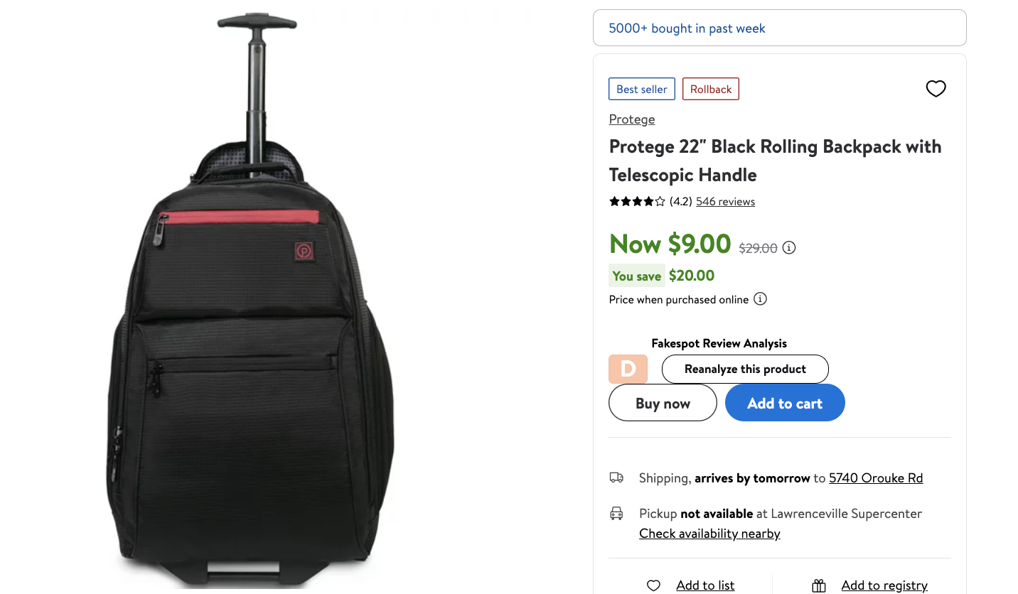 Protege 22 Black Rolling Backpack with Telescopic Handle 