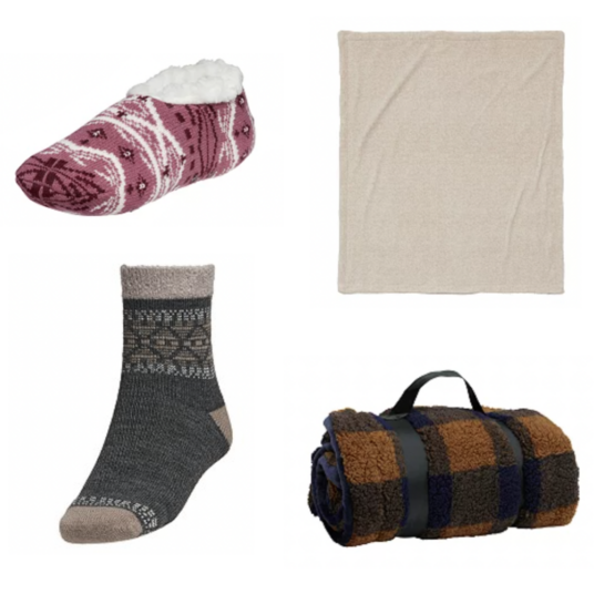 Buy 1, get 2 FREE cabin socks, slippers and blankets