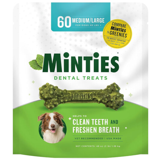 Minties 60-count dental dog chew treats for $15