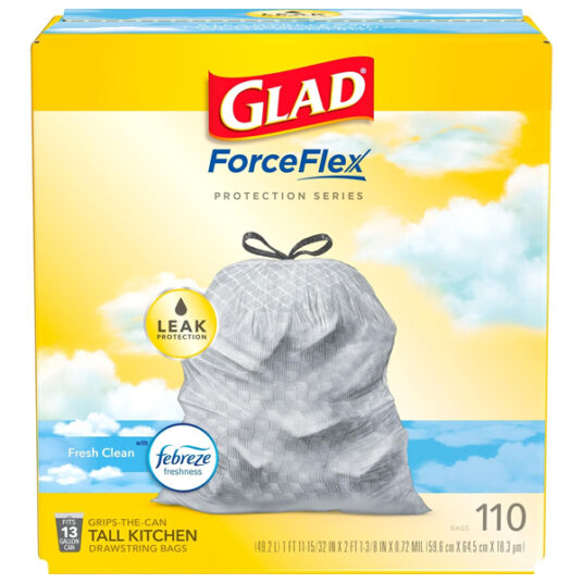 Glad ForceFlex 110-count tall kitchen trash bags for $17
