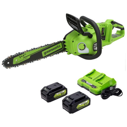 Greenworks 48V brushless cordless chainsaw with 2 batteries and charger for $127