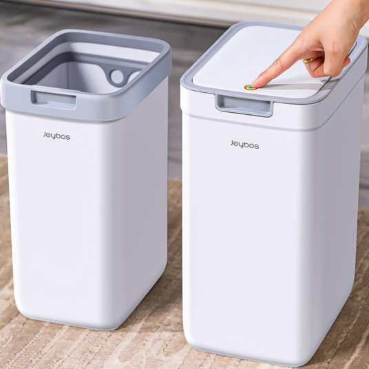 2-pack of small bathroom trash cans with press top lids for $21