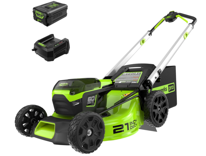 Greenworks 60V 21-inch cordless lawnmower with battery and charger for $400
