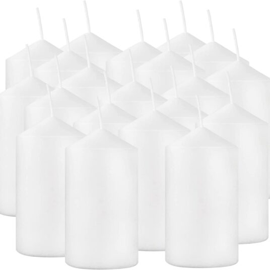 20-pack of unscented white pillar candles for $20